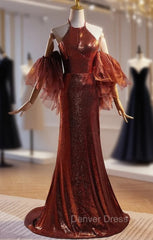 Burgundy Mermaid Sequins Halter Prom Dresses