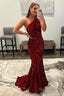 Burgundy Mermaid Sequins Long Prom Dresses