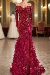 Burgundy Mermaid Sequins Off the Shoulder Long Sleeve Feather Prom Dresses