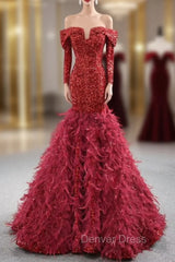 Burgundy Mermaid Sequins Off the Shoulder Long Sleeve Prom Dresses With Feather
