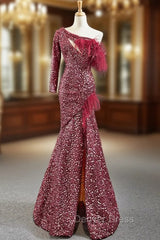 Burgundy Mermaid Sequins One Shoulder Long Sleeve Prom Dresses