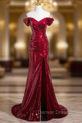 Burgundy Mermaid Sequins Pleats Split Prom Dresses