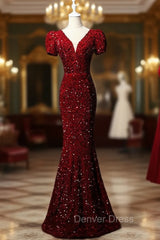 Burgundy Mermaid Sequins Puff Sleeve Prom Dresses