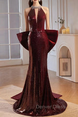 Burgundy mermaid Sequins Satin Bow Prom Dresses