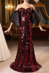 Burgundy Mermaid Sequins Strapless Prom Dresses