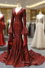 Burgundy Mermaid Sequins V Neck Flare Sleeve Backless Prom Dresses