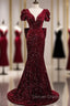 Burgundy Mermaid Sequins V Neck Prom Dresses With Bow