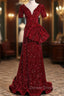 Burgundy Mermaid Sequins V Neck Prom Dresses