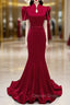 Burgundy Mermaid Short Sleeve High Neck Prom Dresses