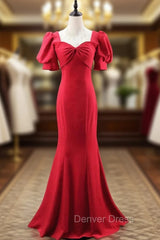 Burgundy Mermaid Square Short Sleeve Prom Dresses