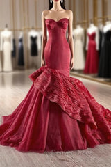 Burgundy Mermaid Strapless Tiers Prom Dresses