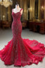 Burgundy Mermaid Straps Beading Prom Dresses
