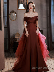 Burgundy Mermaid Sweep Train Long Prom Dress, Off Shoulder Satin Burgundy Evening Dress