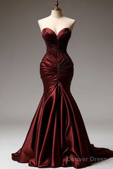 Burgundy Mermaid Sweetheart Satin Long Ball Gown, Fitted Evening Gown