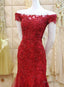 Burgundy Mermaid Tulle Prom Gowns with Lace Applique, Off Shoulder Prom Dresses