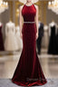 Burgundy Mermaid Velvet Backless Prom Dresses
