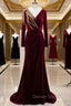 Burgundy Mermaid Velvet Long Sleeve Beading Prom Dresses