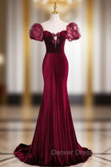 Burgundy Mermaid Velvet Puff Sleeve Prom Dresses