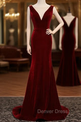 Burgundy Mermaid Velvet See Through V-neck Prom Dresses