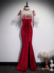 Burgundy Mermaid Velvet Spaghetti Straps Prom Dress With Split