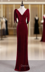 Burgundy Mermaid Velvet V-neck Prom Dresses