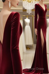 Burgundy Muslim Evening Dresses Mermaid V-Neck Long Sleeves Velvet Slit Islamic Dubai Saudi Arabic Long Formal Evening Gown