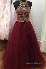 Burgundy O Neck Sequin Beads Tulle Prom Dresses, Burgundy Evening Dresses