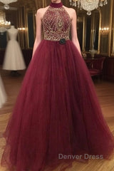 Burgundy O Neck Sequin Beads Tulle Prom Dresses, Burgundy Evening Dresses
