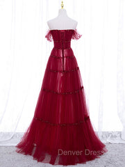 Burgundy Off Shoulder Long Prom Dresses, Burgundy Formal Dresses with Beading Sequin