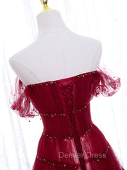 Burgundy Off Shoulder Long Prom Dresses, Burgundy Formal Dresses with Beading Sequin