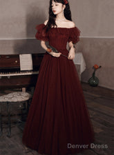 Burgundy Off Shoulder Scoop Long Formal Dress, Burgundy A-Line Evening Dress