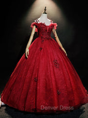 Burgundy Off Shoulder Tulle Lace Long Prom Dresses, Burgundy Lace Sweet 16 Dresses