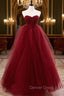 Burgundy Off Shoulder Tulle Lace Long Prom Dress, Burgundy Prom Graduation Dresses