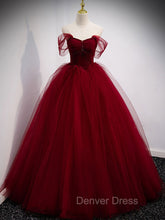 Burgundy Off Shoulder Tulle Long Prom Dresses, Burgundy Formal Dresses