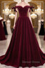 Burgundy Off Shoulder Velvet Long Prom Dress, Off Shoulder Burgundy Graduation Dress, Prom Dresses