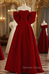 Burgundy Off the Shoulder Bow Prom Dresses