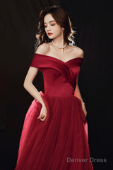 Burgundy Off The Shoulder Tulle Long Prom Dress, A-Line Evening Party Dress
