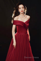 Burgundy Off The Shoulder Tulle Long Prom Dress, A-Line Evening Party Dress