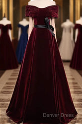 Burgundy Off The Shoulder Velvet Long Prom Dresses