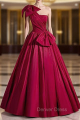 Burgundy One Shoulder Pleats Prom Dresses