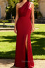 Burgundy One Shoulder Sheath Long Bridesmaid Dress with Streamer