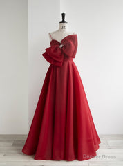 Burgundy Organza Spaghetti Straps Pearls Prom Dress