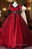 Burgundy Organza V Neck Puff Sleeve Beading Quinceanera Dresses