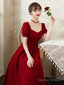 Burgundy Prom Dress, Short Sleeve Midi Dress,Satin Homcoming Dresses