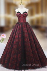 Burgundy Print Strapless Prom Dresses
