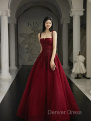 Burgundy Prom Dresses A Line Straps Tulle Evening Dresses