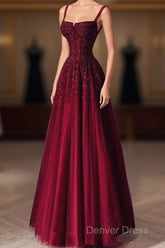 Burgundy Prom Dresses A Line Straps Tulle Evening Dresses