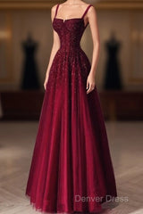 Burgundy Prom Dresses A Line Straps Tulle Evening Dresses