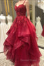 Burgundy Prom Dress, A Line V Neck Spaghetti Straps Long Floor Length Lace Prom Dresses With Beading