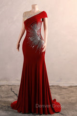 Burgundy Prom Dresses Bodycon Velvet Long Formal Dresses with Embroidered Beadings